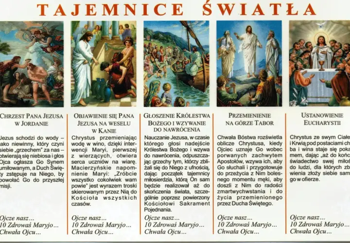 Ilustracje przedstawiają tajemnice różańca czwartek: Chrzest Jezusa, wesele w Kanie, głoszenie Królestwa Bożego, Przemienienie na Górze Tabor i Ustanowienie Eucharystii.