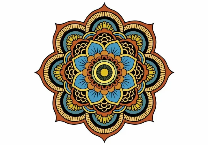 Kolorowa mandala z niebieskimi, pomarańczowymi i żółtymi płatkami, przypominająca kwiat lub słońce.