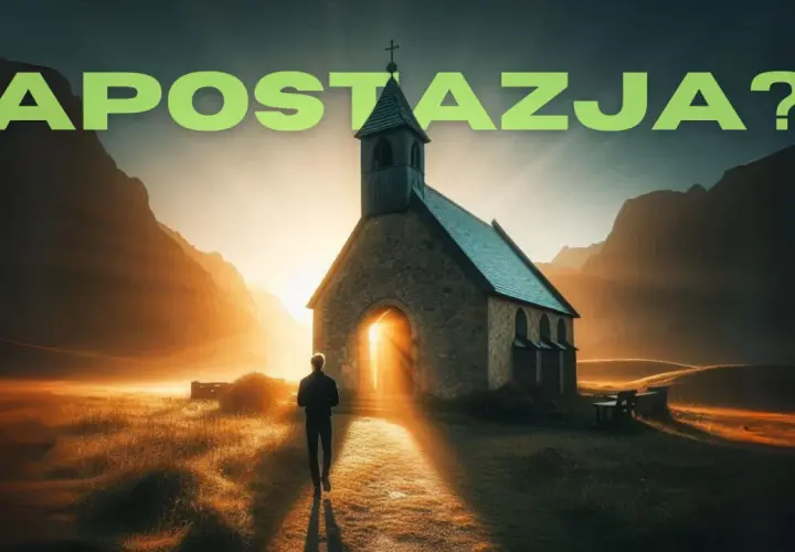 Człowiek idzie w stronę kościoła o zachodzie słońca. Napis "APOSTAZJA?" sugeruje rozważania nad wiarą.