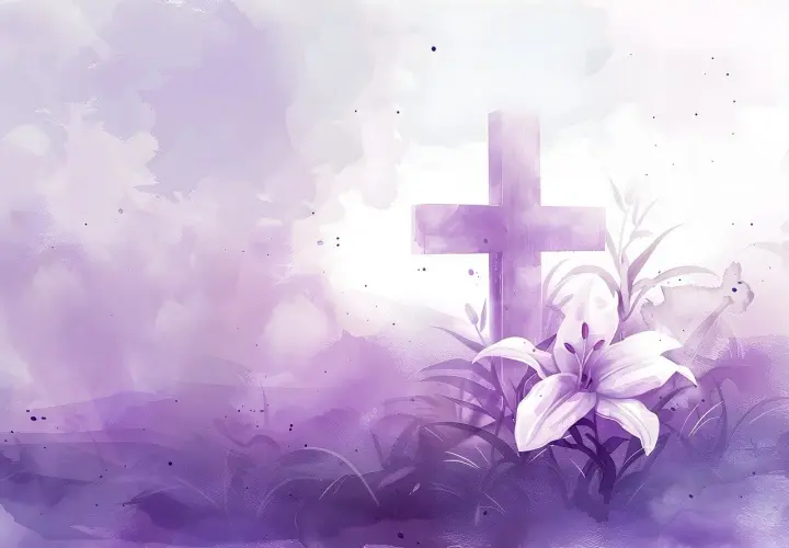 Fioletowy krzyż i lilia na tle akwarelowych chmur. Jak w psalm 86, nadzieja rozkwita.