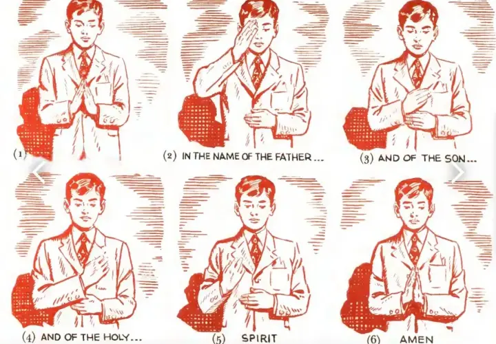 Ilustracja pokazuje chłopca w garniturze, który uczy się, jak się przeżegnać, wykonując kolejne gesty.