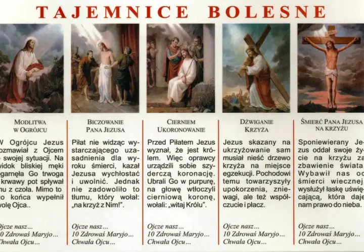 Tajemnice różańca bolesne: modlitwa w Ogrójcu, biczowanie, cierniem ukoronowanie, dźwiganie krzyża, śmierć na krzyżu.