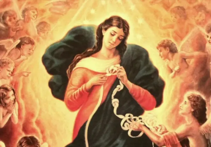 Mary, Rozwiązująca Węzły, z aniołami wokół, symbolizuje nadzieję i rozwiązanie problemów. Nowenna rozwiązująca węzły świadectwa.