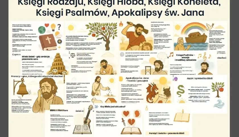 Ilustracja przedstawia streszczenie Biblii, w tym o czym jest Księga Koheleta, z elementami wizualnymi i tekstowymi.