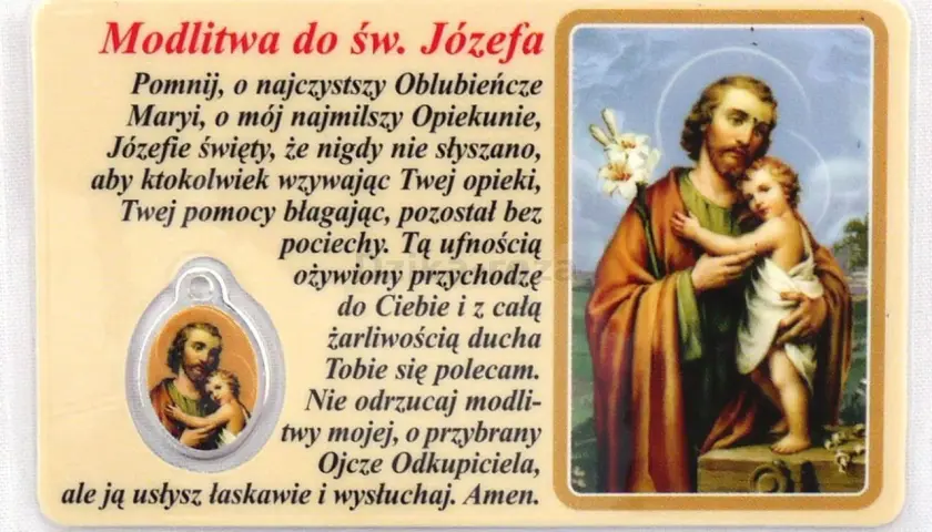 Modlitwa do św. Józefa z wizerunkiem Świętej Rodziny. Obrazek z tekstem modlitwy i medalikiem.