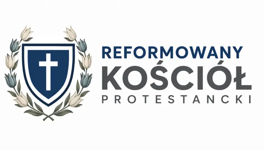 Herb z krzyżem i kwiatami, symbol Reformowanego Kościoła Protestanckiego, odzwierciedla dziedzictwo kalwinizmu.