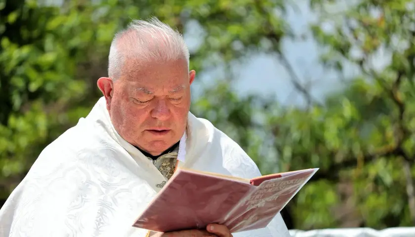 Kapłan w białej albie zamyślony nad księgą, w której widnieje napis "Modlitwa żal za grzechy".