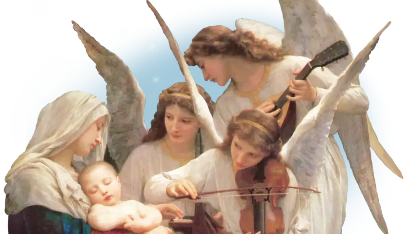 Anioł Gabriel i inni aniołowie grają muzykę dla śpiącego Dzieciątka Jezus i Maryi.