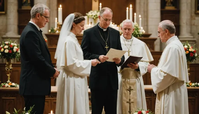 Para ślubna w kościele z księdzem i biskupem czytającymi dokumenty.