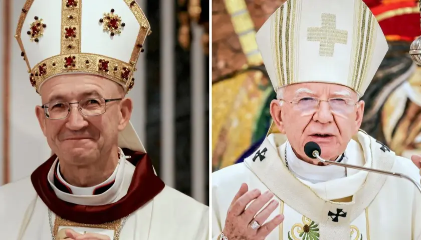 Dwóch arcybiskupów w strojach pontyfikalnych, jeden z nich przemawia do mikrofonu.