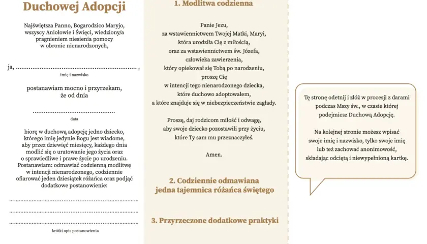 Formularz przyrzeczenia duchowej adopcji dziecka poczętego. Zawiera modlitwę, miejsce na dane i dodatkowe postanowienia.
