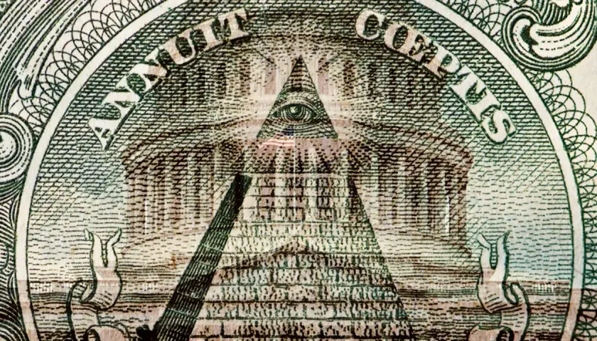 Oko opatrzności na piramidzie, symbol wolnomularstwa, na banknocie jednodolarowym.