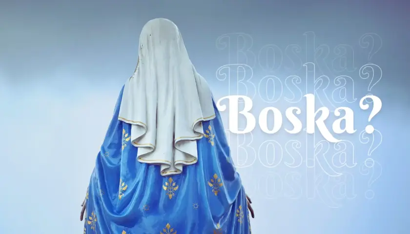 Posąg świętej Marii od tyłu, w niebieskiej szacie ze złotymi zdobieniami. Obok napis "Boska?".