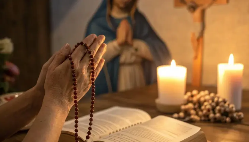 Dłonie trzymające różaniec, modlitwa za konających. W tle Matka Boska, krzyż i świece.