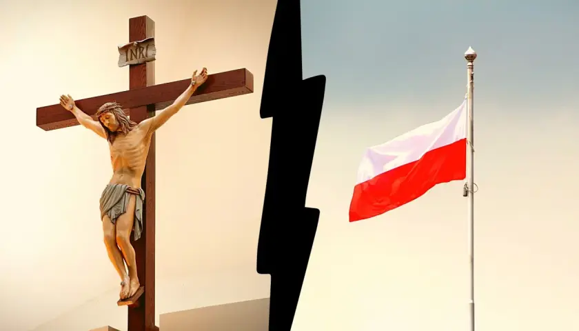 Krzyż z Jezusem i polska flaga. Symbolika religii i narodu.