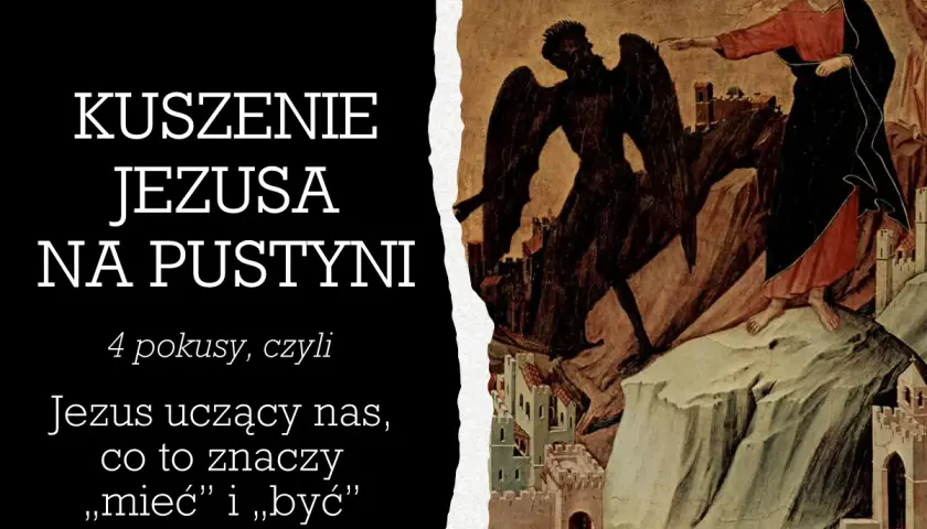 Jezus na pustyni odrzuca pokusy. Obok niego czarny diabeł z rozpostartymi skrzydłami. Obraz symbolizuje walkę duchową.