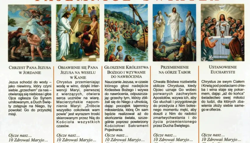 Ilustracje przedstawiają tajemnice różańca czwartek: Chrzest Jezusa, wesele w Kanie, głoszenie Królestwa Bożego, Przemienienie na Górze Tabor i Ustanowienie Eucharystii.