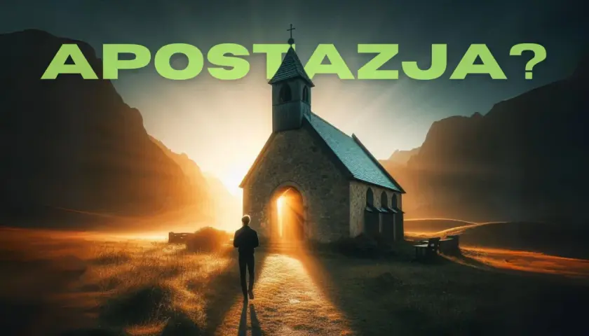 Człowiek idzie w stronę kościoła o zachodzie słońca. Napis "APOSTAZJA?" sugeruje rozważania nad wiarą.