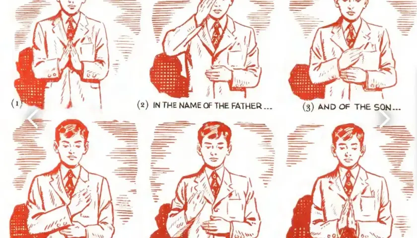 Ilustracja pokazuje chłopca w garniturze, który uczy się, jak się przeżegnać, wykonując kolejne gesty.