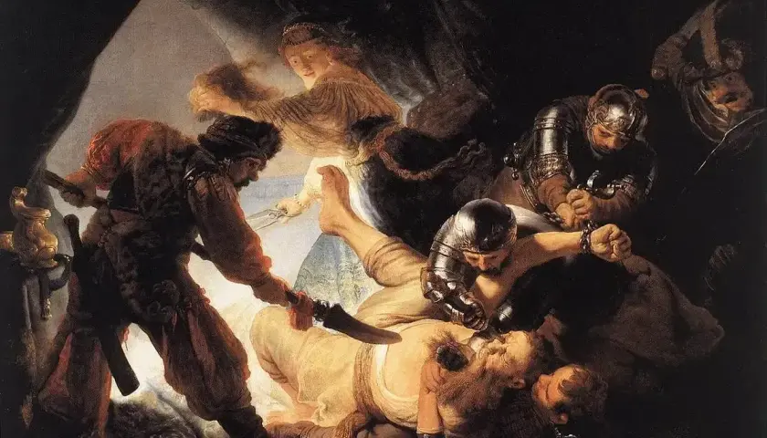 Oślepienie Samsona, scena z Biblii. Delilah odcina jego włosy, gdy żołnierze go obezwładniają.