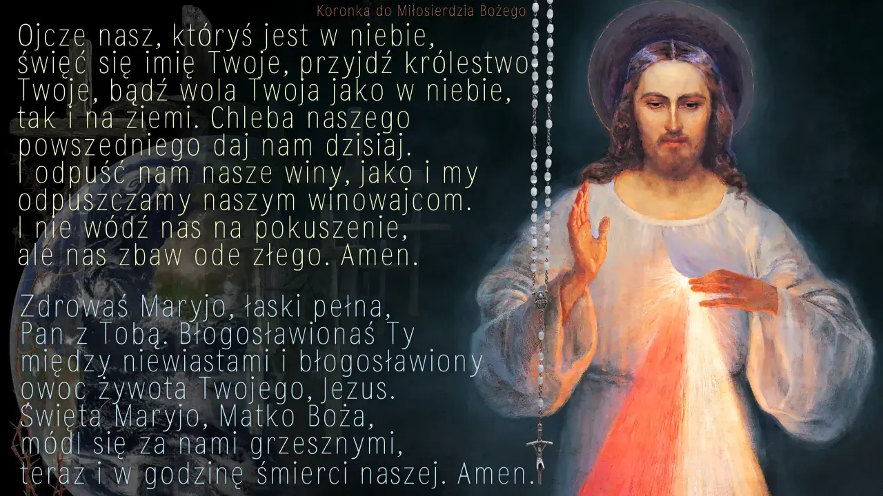 Obraz przedstawia Jezusa Miłosiernego z promieniującym sercem i modlitwę "Ojcze nasz" oraz "Zdrowaś Maryjo". Piękna modlitwa do Pana Jezusa.