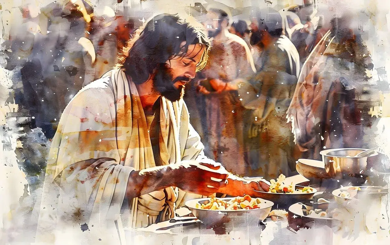 Jezus w skupieniu przygotowuje posiłek dla tłumu. Jego modlitwa unosi się nad stołem pełnym jedzenia.