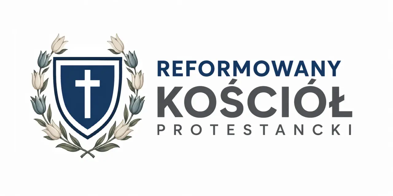 Herb z krzyżem i kwiatami, symbol Reformowanego Kościoła Protestanckiego, odzwierciedla dziedzictwo kalwinizmu.
