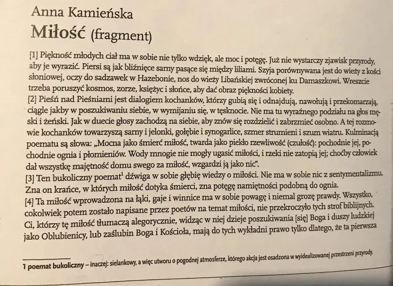 Fragment "Miłość" Anny Kamińskiej. Pieśń nad Pieśniami jako dialog kochanków, opis miłości silnej jak śmierć, nie do ugaszenia.