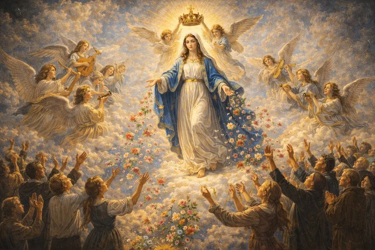 Wniebowzięcie Matki Bożej. Aniołowie grają, a lud wznosi ręce. Jak pieśń czarna madonna, tekst objawienia.