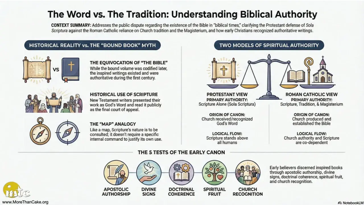 Grafika porównuje protestancką zasadę Sola Scriptura z katolicką tradycją i Magisterium, pokazując biblijną autorytet.