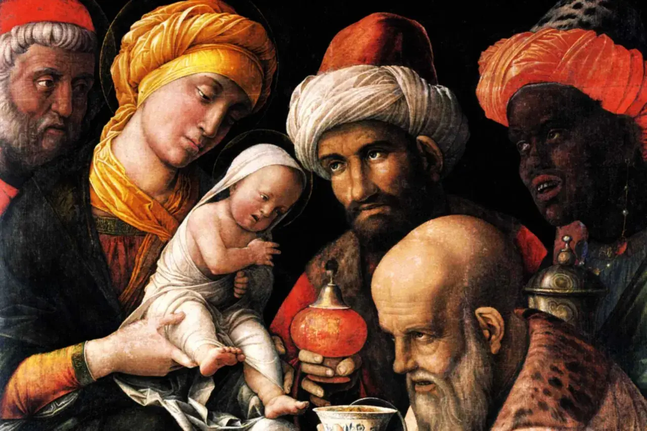 Trzej królowie oddają hołd Dzieciątku Jezus. Matka Boska z synkiem w ramionach, otoczeni przez mędrców w barwnych turbanach.
