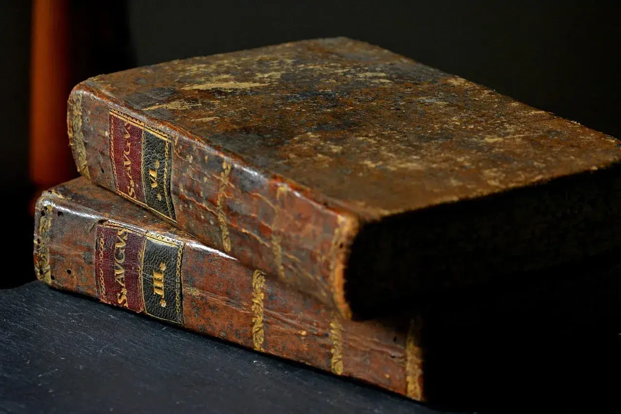 Dwa stare, skórzane tomy, jeden na drugim. Na grzbietach widoczne złote zdobienia i etykiety, jedna z nich zawiera fragment "psalm 15".