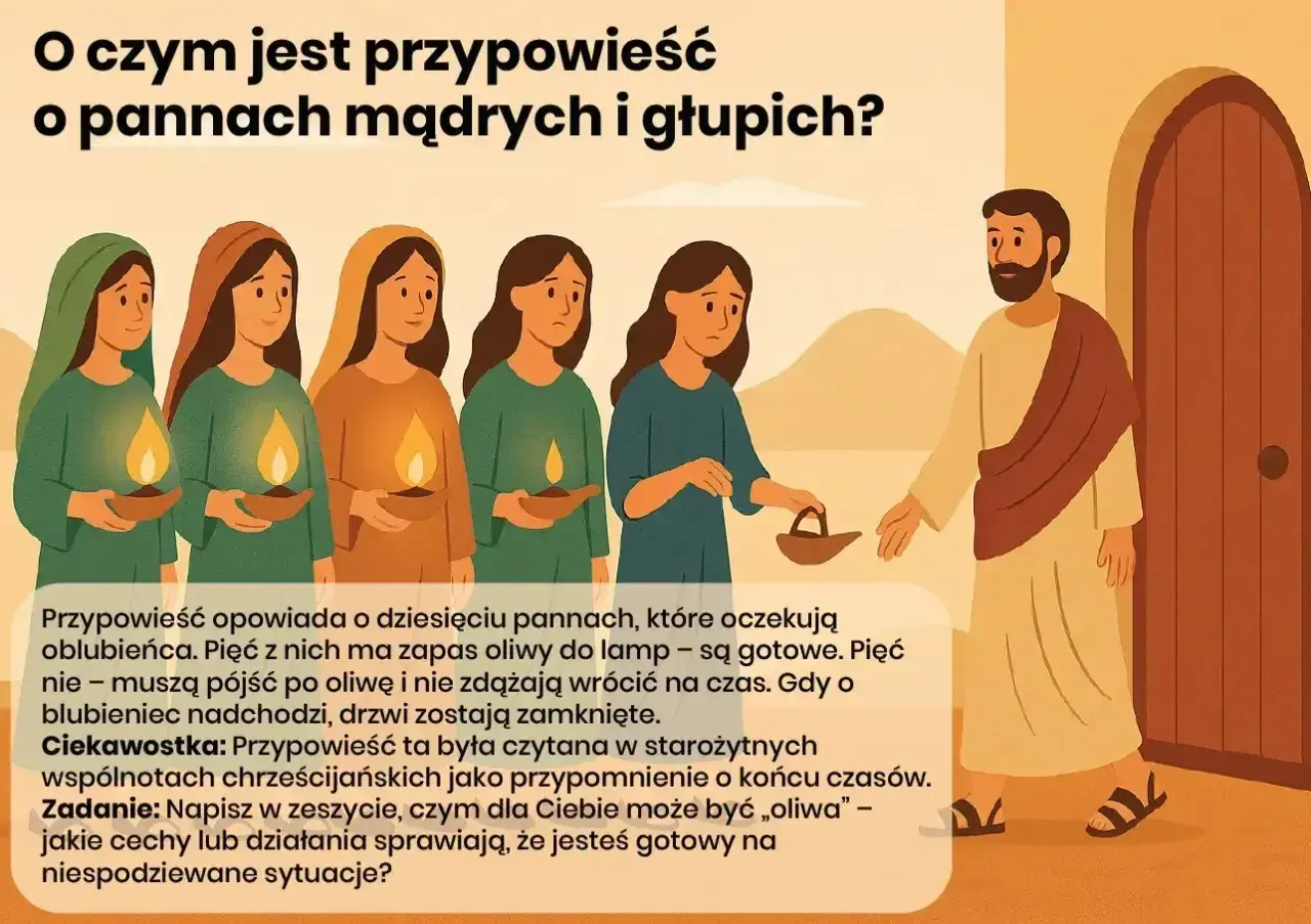 Ilustracja do przypowieści o pannach roztropnych i nierozsądnych. Mądre panny z lampami czekają, nierozsądne szukają oliwy.