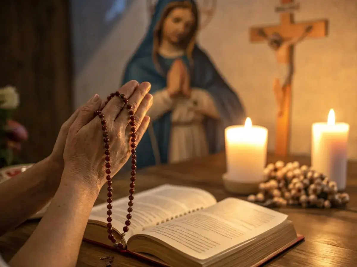 Dłonie trzymające różaniec, modlitwa za konających. W tle Matka Boska, krzyż i świece.