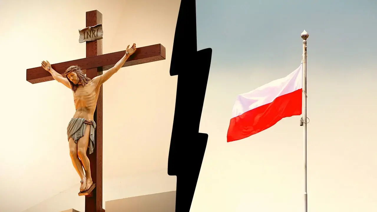 Krzyż z Jezusem i polska flaga. Symbolika religii i narodu.