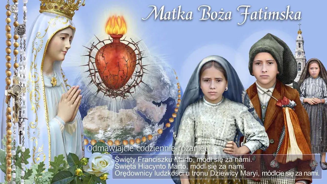 Matka Boża Fatimska, z koroną i różańcem, nad Ziemią, z Sercem Jezusa. Obok dzieci fatimskie i bazylika. Przepowiednia fatimska wzywa do modlitwy.