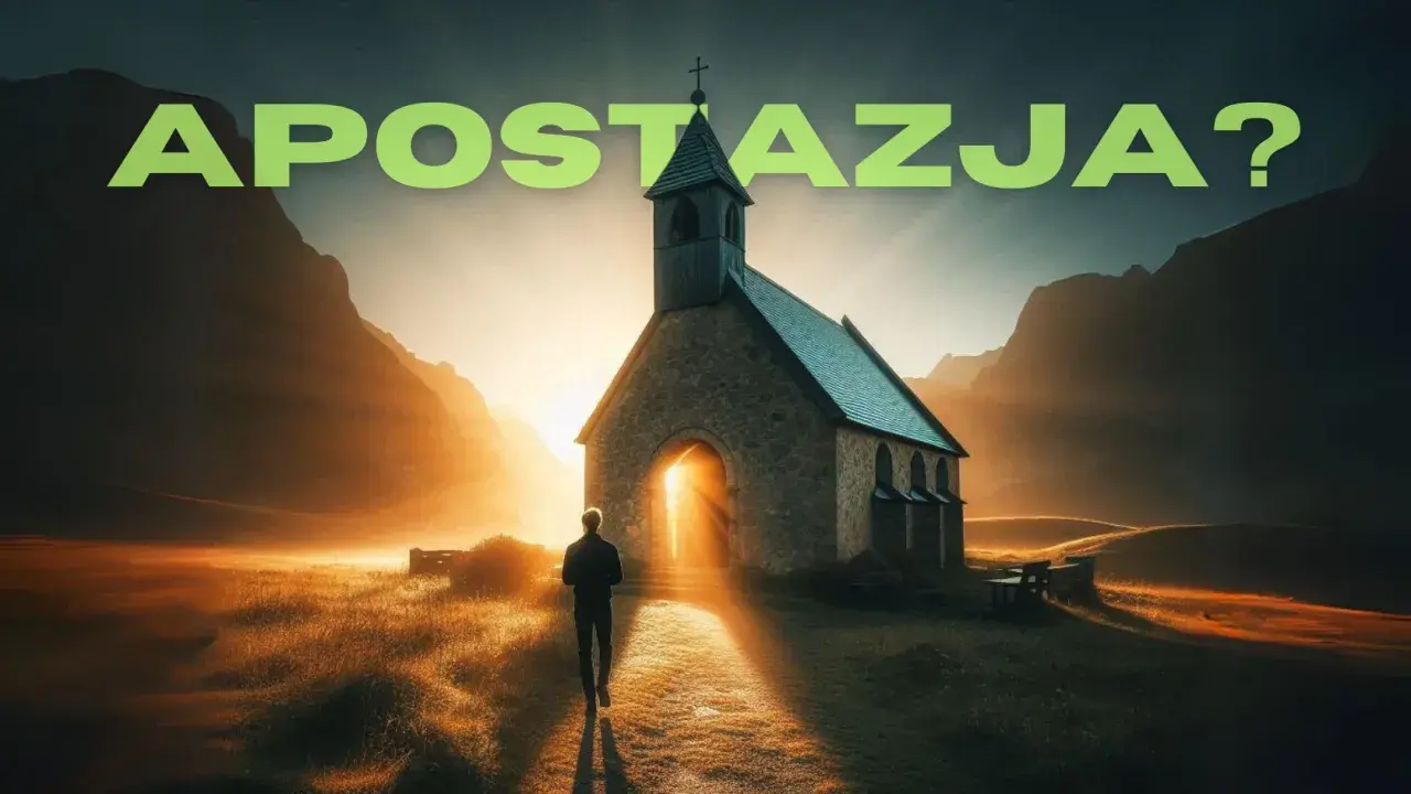 Człowiek idzie w stronę kościoła o zachodzie słońca. Napis "APOSTAZJA?" sugeruje rozważania nad wiarą.