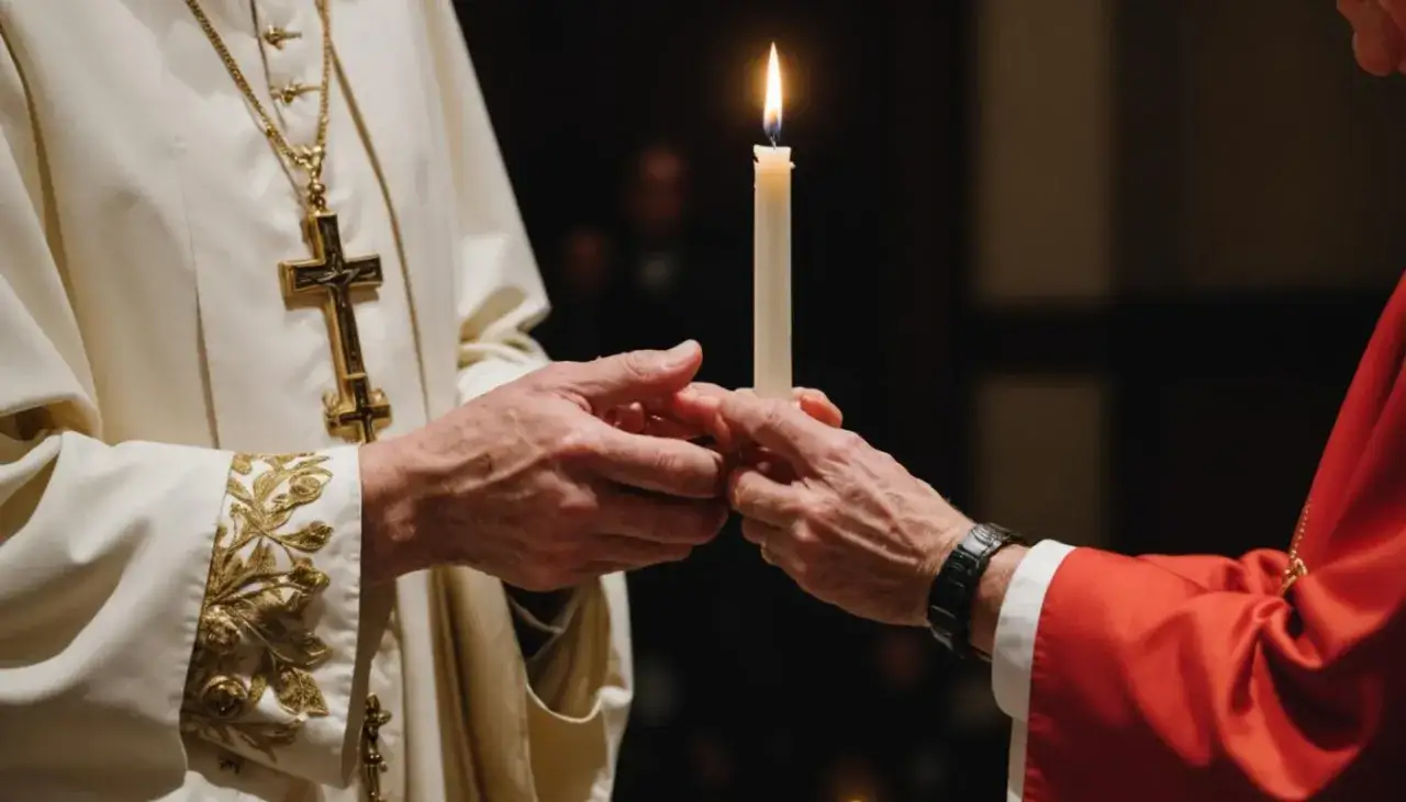 Dwie dłonie, jedna w białej szacie z krzyżem, druga w czerwonej, trzymają płonącą świecę. To symboliczna modlitwa z prośbą o światło i nadzieję.