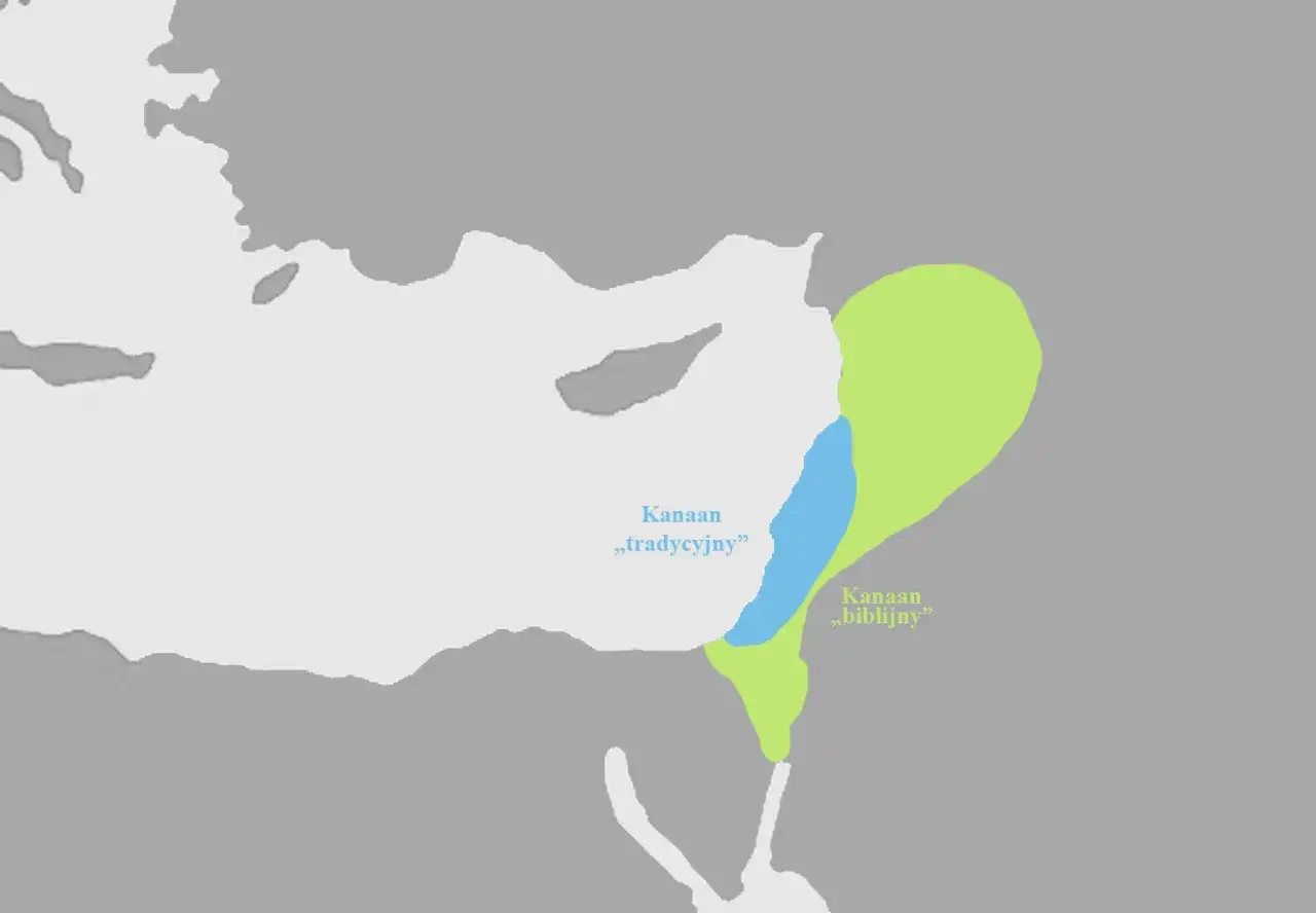Mapa przedstawia obszary Kanaan: tradycyjny i biblijny, ukazując historyczne granice Ziemi Obiecanej.