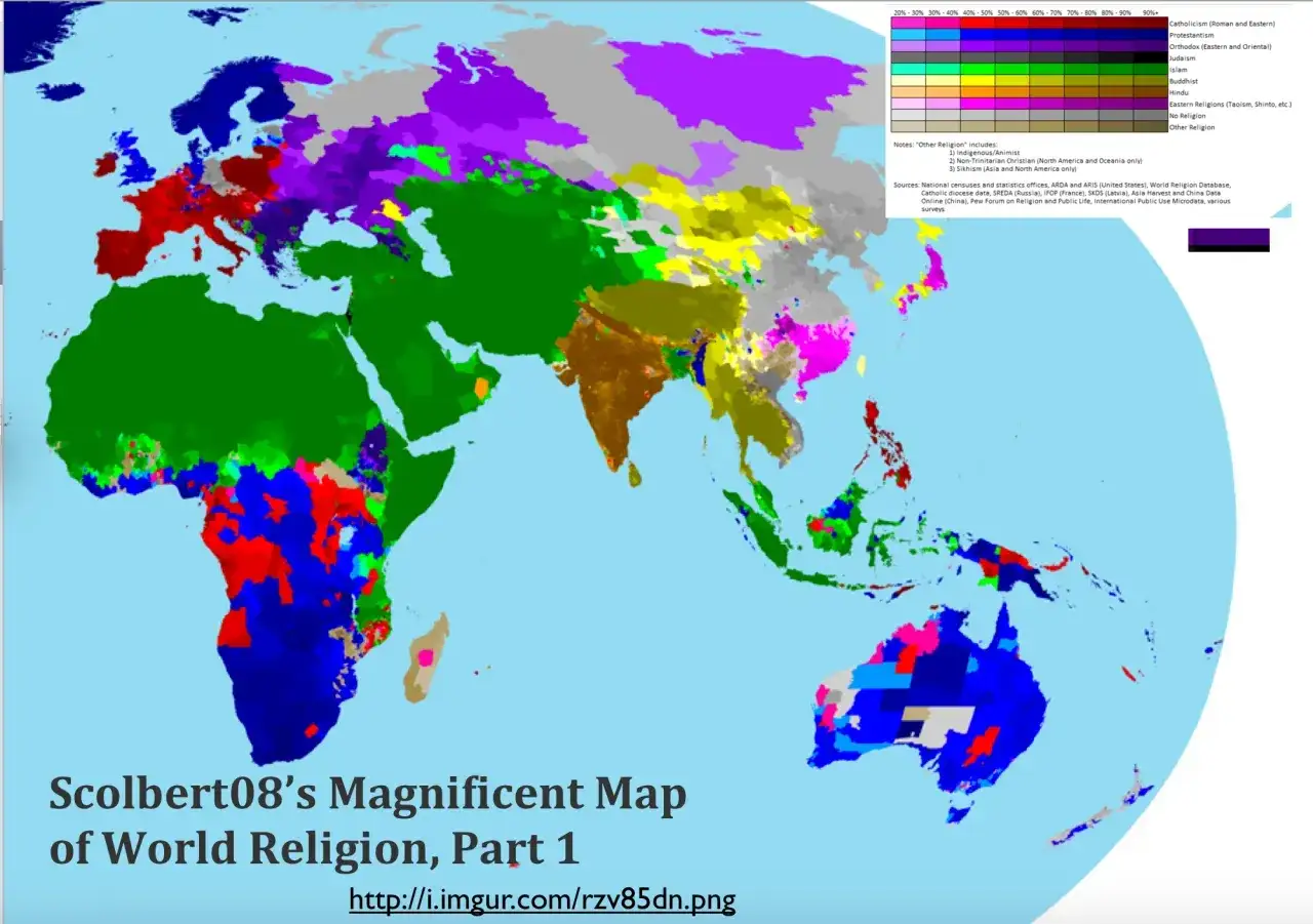 Mapa świata pokazuje rozmieszczenie religii. Filipiny są zaznaczone kolorem, który wskazuje na dominującą religię.