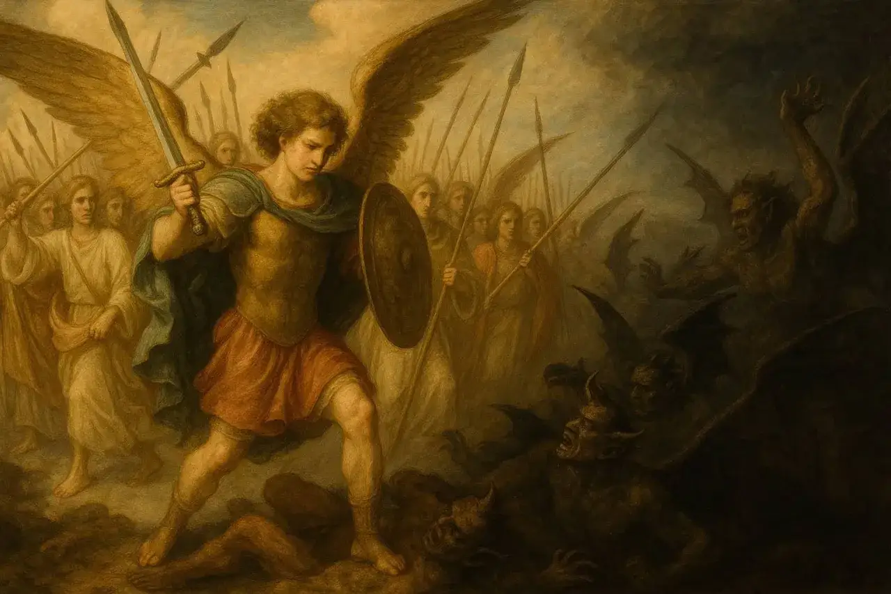 Święty Michał z mieczem i tarczą walczy z demonami. Za nim anielska armia.