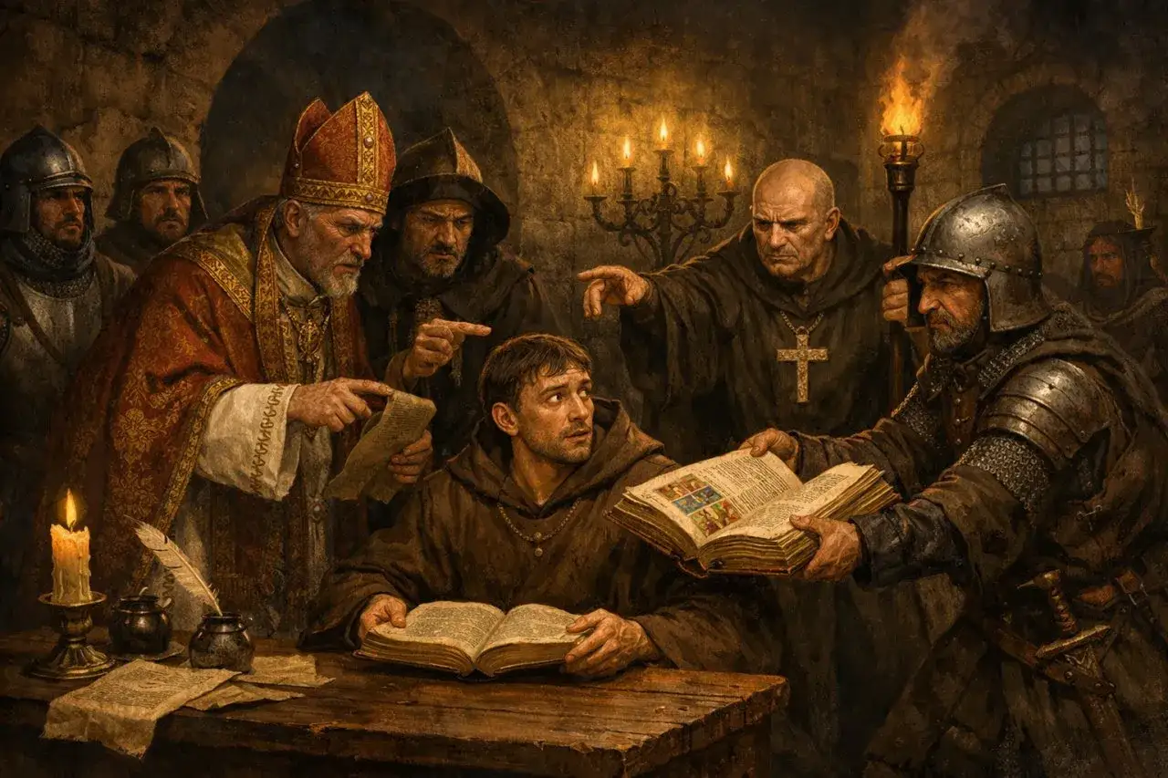 Biskup i mnisi dyskutują nad tekstem, być może interpretując psalm 96. W tle widać rycerzy.