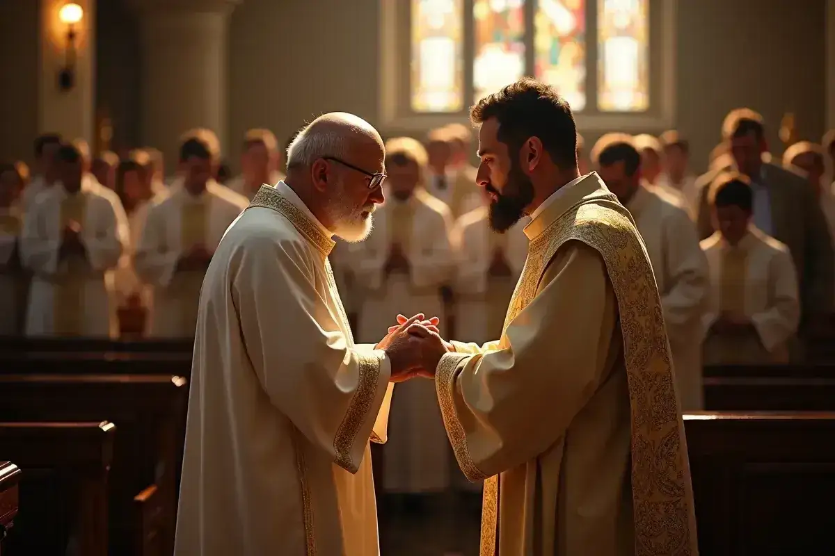 Dwóch prezbiterów w szatach liturgicznych, trzymających się za ręce w kościele. W tle wierni.