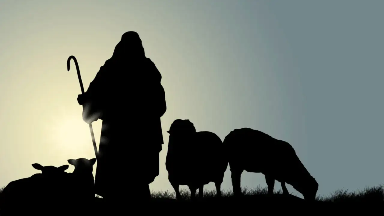 Sylwetka pasterza z laską i owcami na tle zachodzącego słońca. Jezus Dobry Pasterz czuwa nad swoją trzodą.