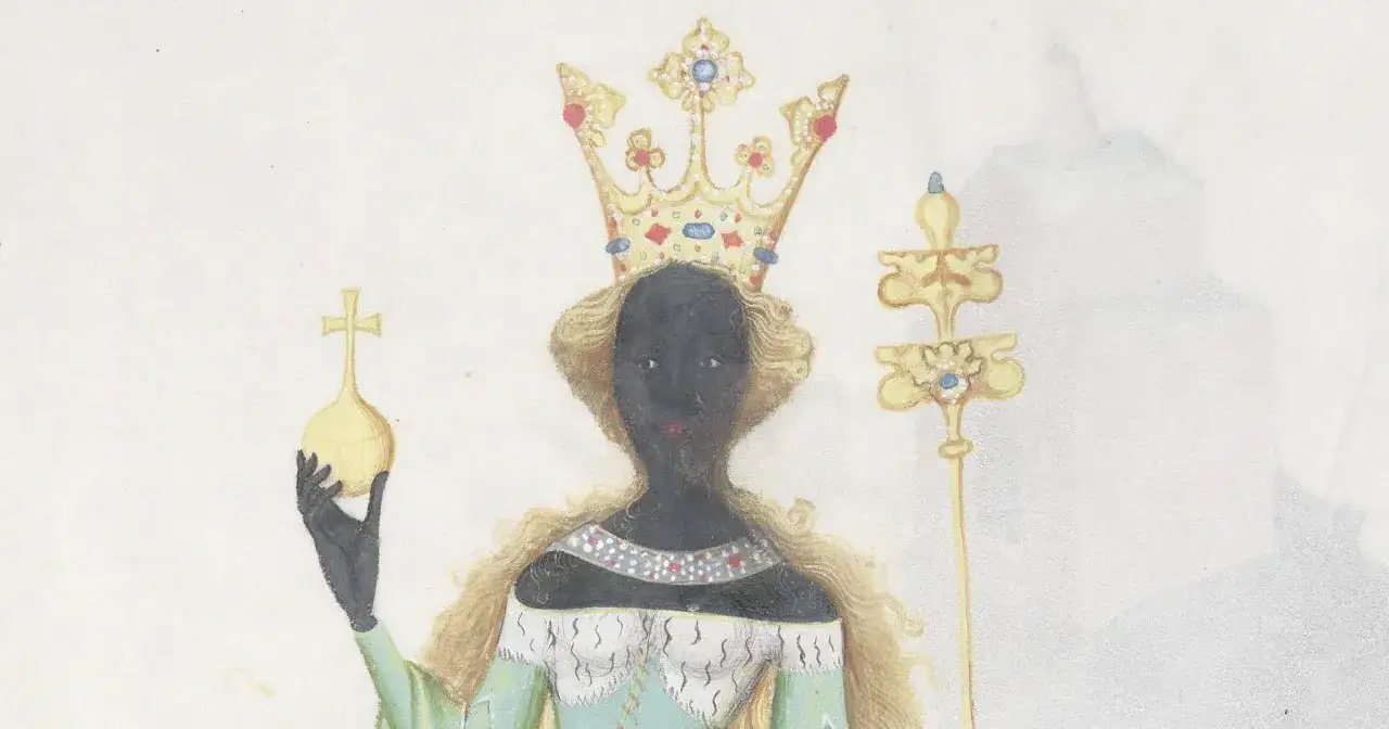 Ilustracja przedstawia królową Sabę w złotej koronie i z berłem. Jej ciemna skóra kontrastuje z jasnymi włosami i bogatym strojem.