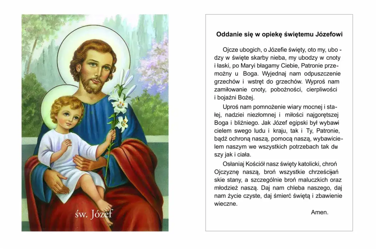 Święty Józef z Dzieciątkiem Jezus, trzymający lilie. Modlitwa do św. Józefa, patrona dobrej śmierci i opiekuna rodzin.