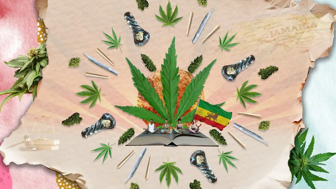 Symbolika rastafarianizmu: liście konopi, flagi, ludzie medytujący na książce, bibułki, lufki, waga sprawiedliwości i mapa Jamajki.
