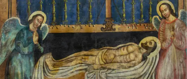 Aniołowie czuwają przy złożonym do grobu ciele Chrystusa. To obraz modlitwy na Wielką Sobotę, pełen zadumy i nadziei.