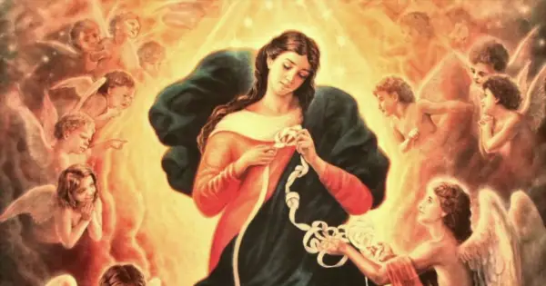 Mary, Rozwiązująca Węzły, z aniołami wokół, symbolizuje nadzieję i rozwiązanie problemów. Nowenna rozwiązująca węzły świadectwa.